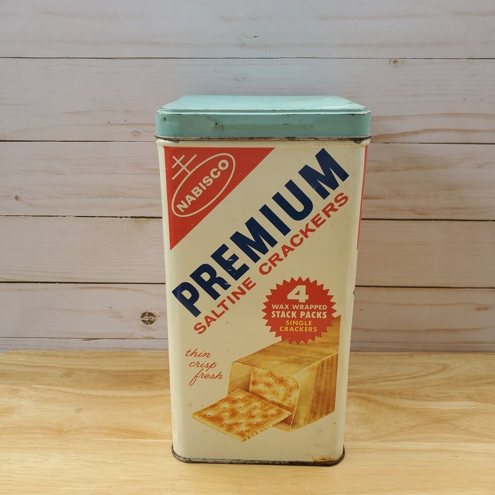 VTG 1960s Nabisco Premium Saltine Cracker Tin Canister Retro Storage Container